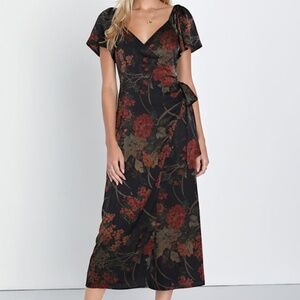 Lulus Subtle Elegance Black Floral Print Faux Wrap Midi Dress - Size L
